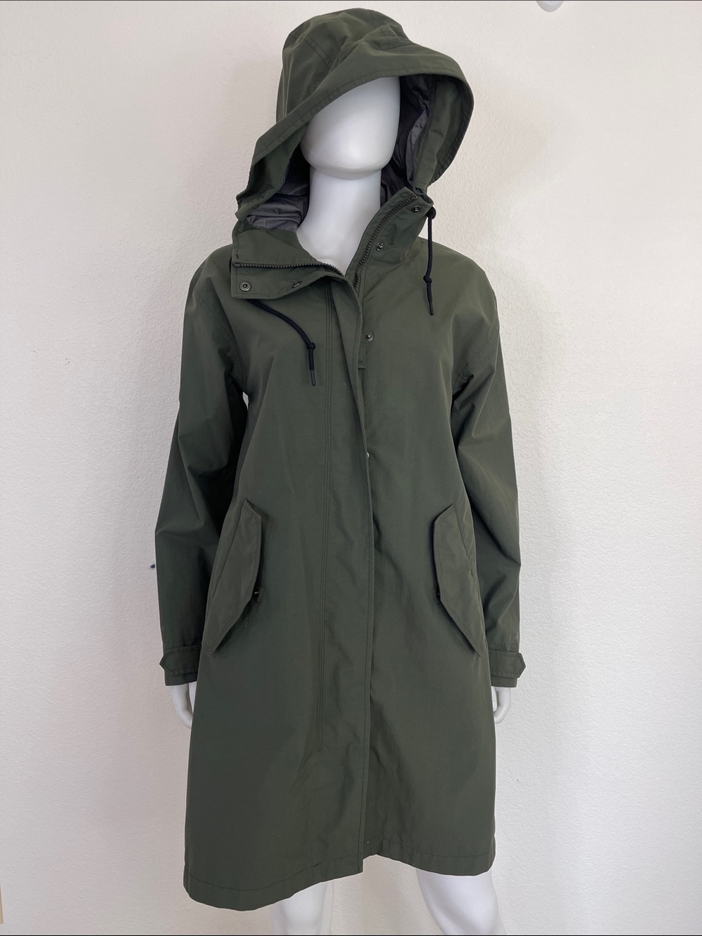 Eddie Bauer Olive Green Hooded Long Trench Coat
